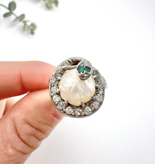 Edwardian Antique Pearl Emerald Diamond Snake Ring in Platinum