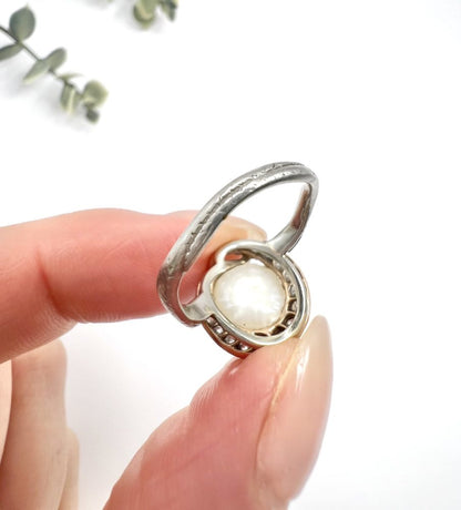 Edwardian Antique Pearl Emerald Diamond Snake Ring in Platinum