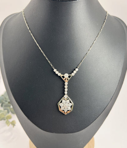 Antique Diamond Snowflake Pendant Necklace In Platinum