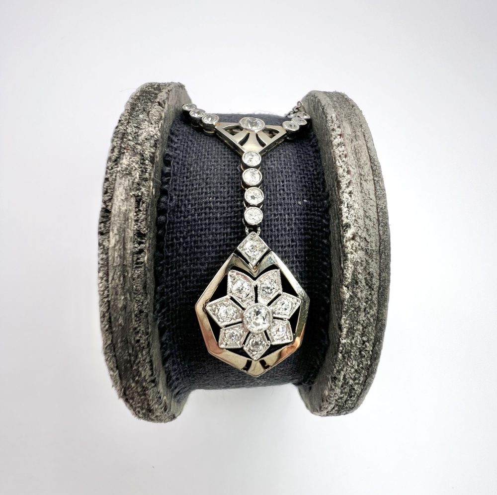 Antique Diamond Snowflake Pendant Necklace In Platinum