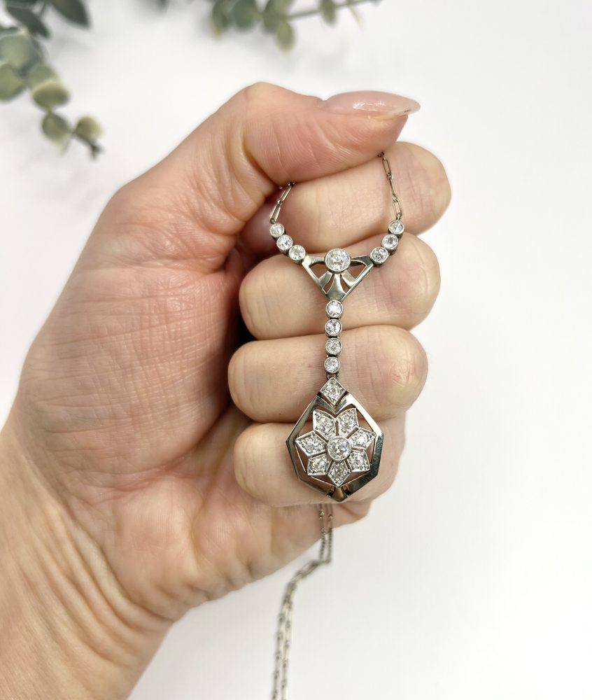 Antique Diamond Snowflake Pendant Necklace In Platinum