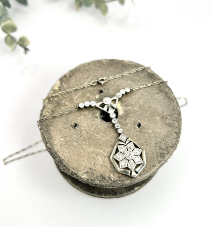 Antique Diamond Snowflake Pendant Necklace In Platinum