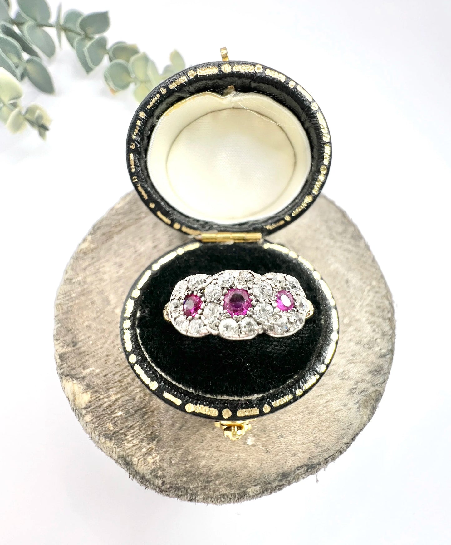 Antique 18 Carat Gold Ruby And Diamond Trilogy Daisy Cluster Ring