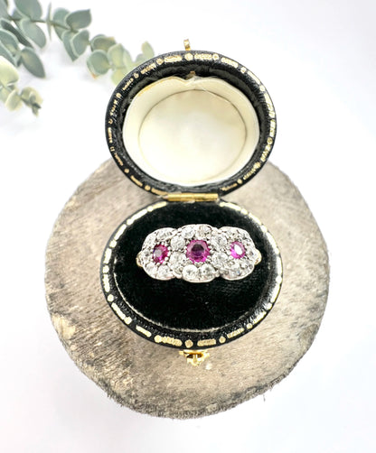 Antique 18 Carat Gold Ruby And Diamond Trilogy Daisy Cluster Ring