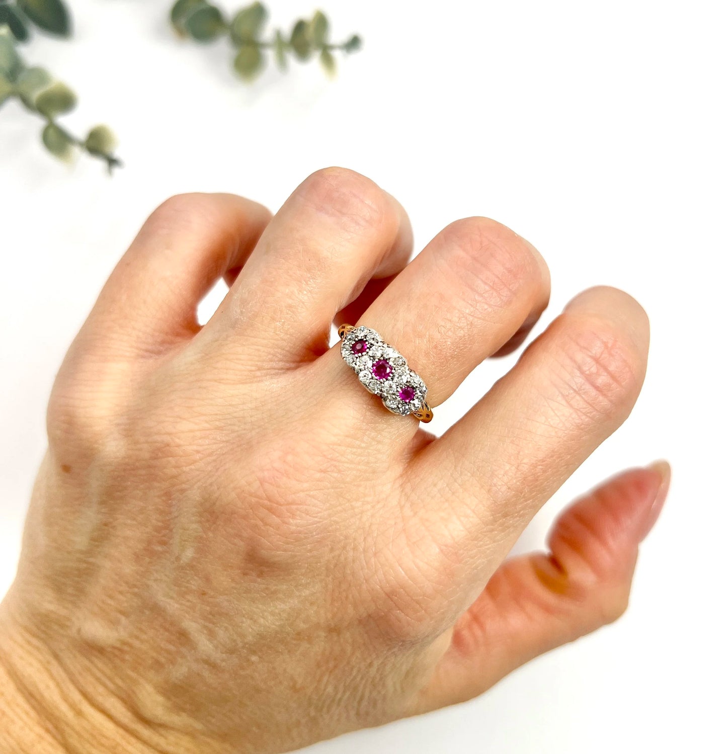 Antique 18 Carat Gold Ruby And Diamond Trilogy Daisy Cluster Ring