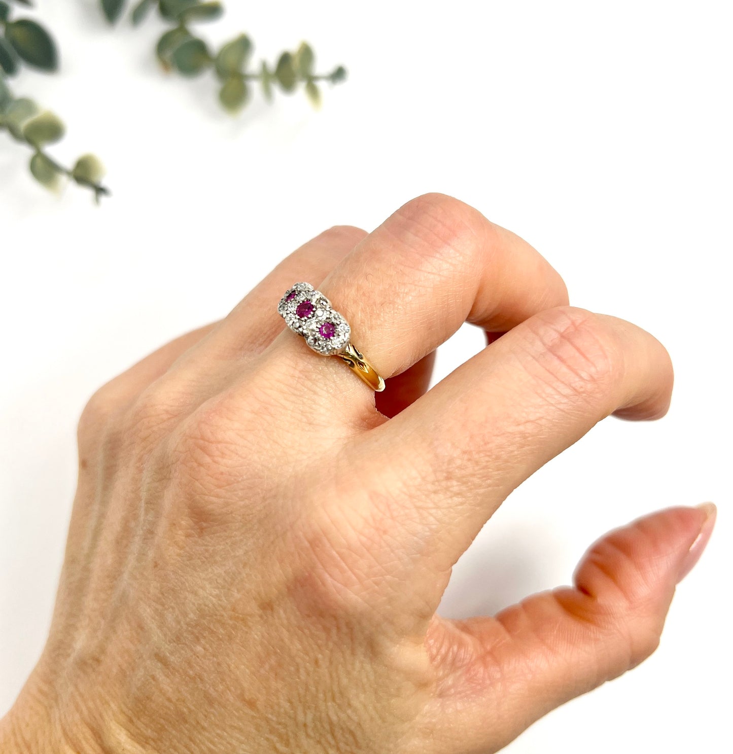 Antique 18 Carat Gold Ruby And Diamond Trilogy Daisy Cluster Ring
