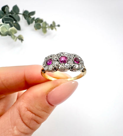 Antique 18 Carat Gold Ruby And Diamond Trilogy Daisy Cluster Ring