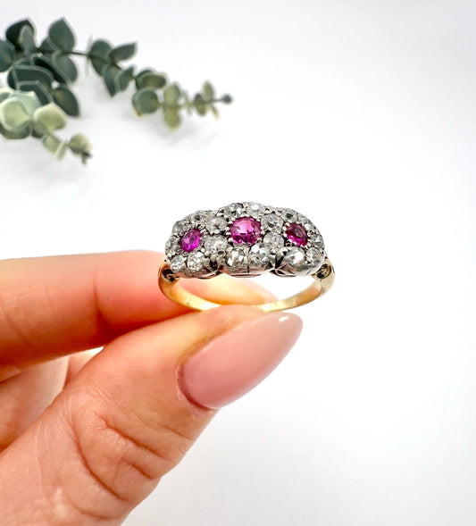 Antique 18 Carat Gold Ruby And Diamond Trilogy Daisy Cluster Ring