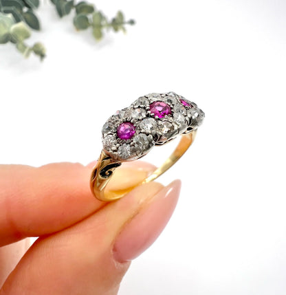 Antique 18 Carat Gold Ruby And Diamond Trilogy Daisy Cluster Ring
