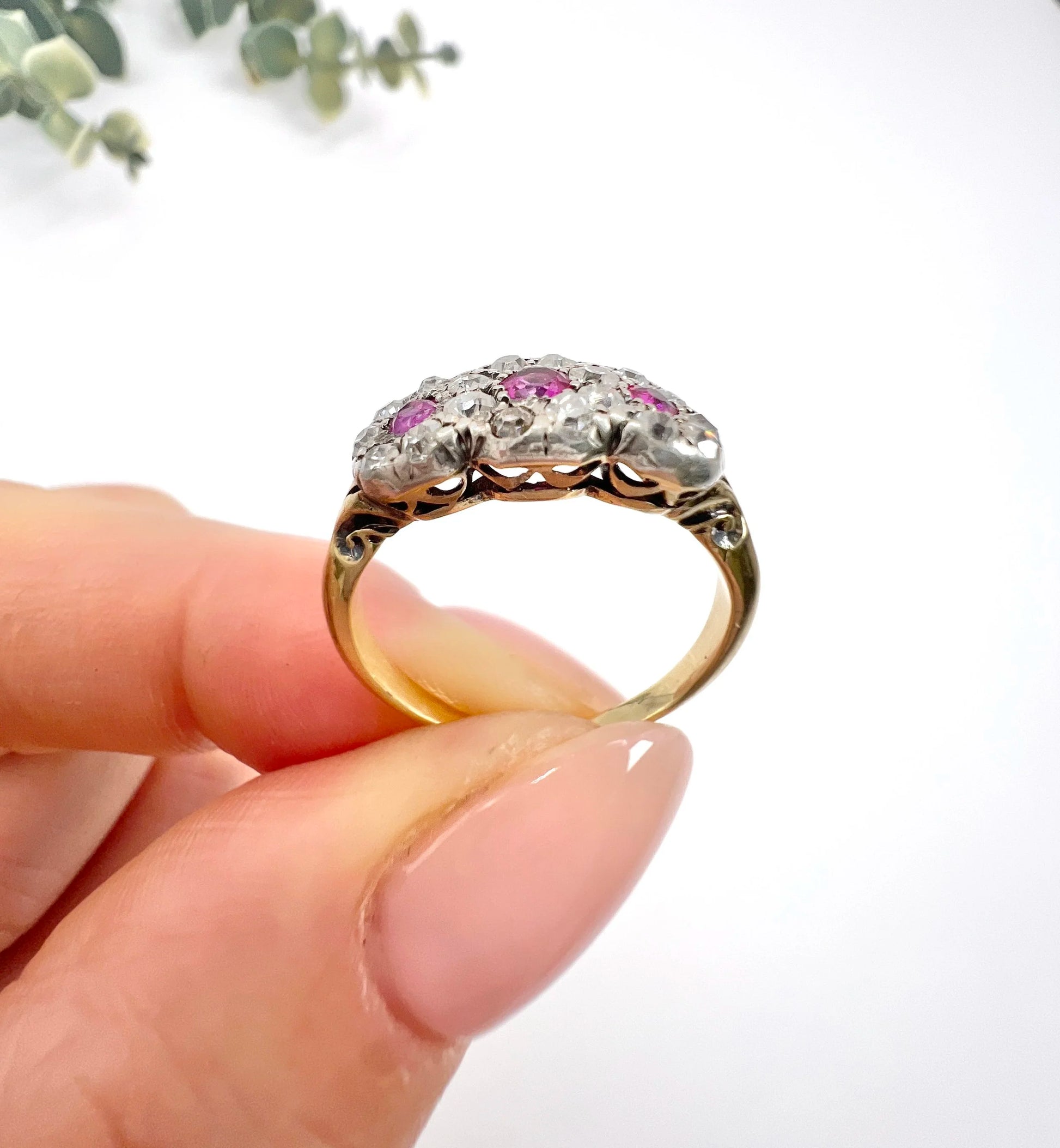 Antique 18 Carat Gold Ruby And Diamond Trilogy Daisy Cluster Ring