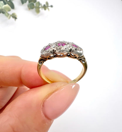 Antique 18 Carat Gold Ruby And Diamond Trilogy Daisy Cluster Ring