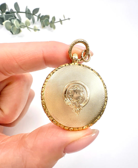 Early Victorian 15 Carat Yellow Gold Round Pocket Watch Locket, Circa 1865