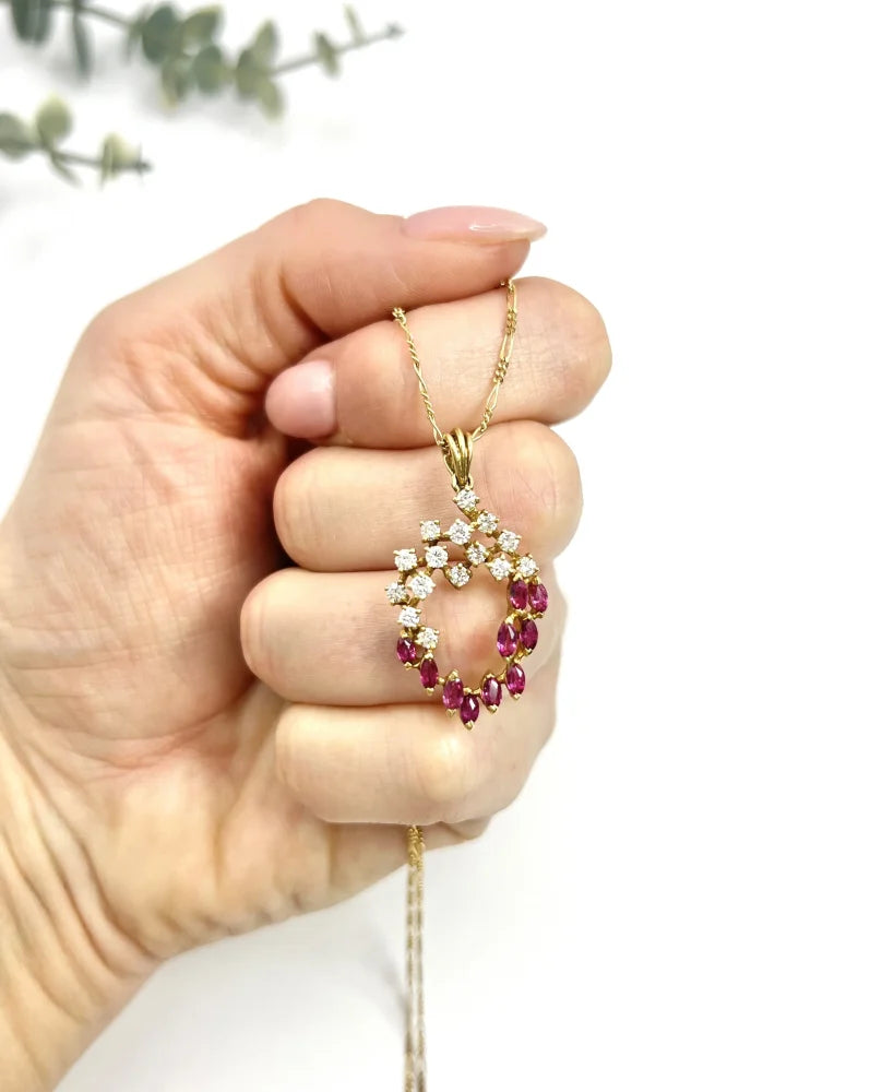 Vintage Ruby And Diamond Heart Pendant And Chain In 18 Carat Yellow Gold