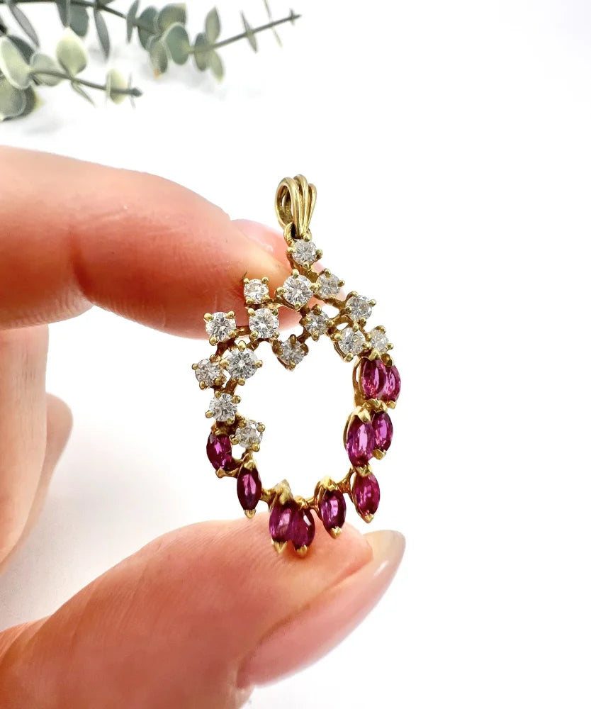 Vintage Ruby And Diamond Heart Pendant And Chain In 18 Carat Yellow Gold