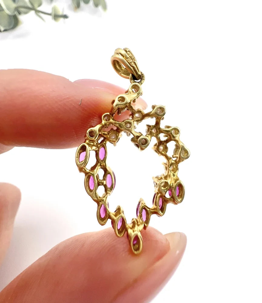 Vintage Ruby And Diamond Heart Pendant And Chain In 18 Carat Yellow Gold