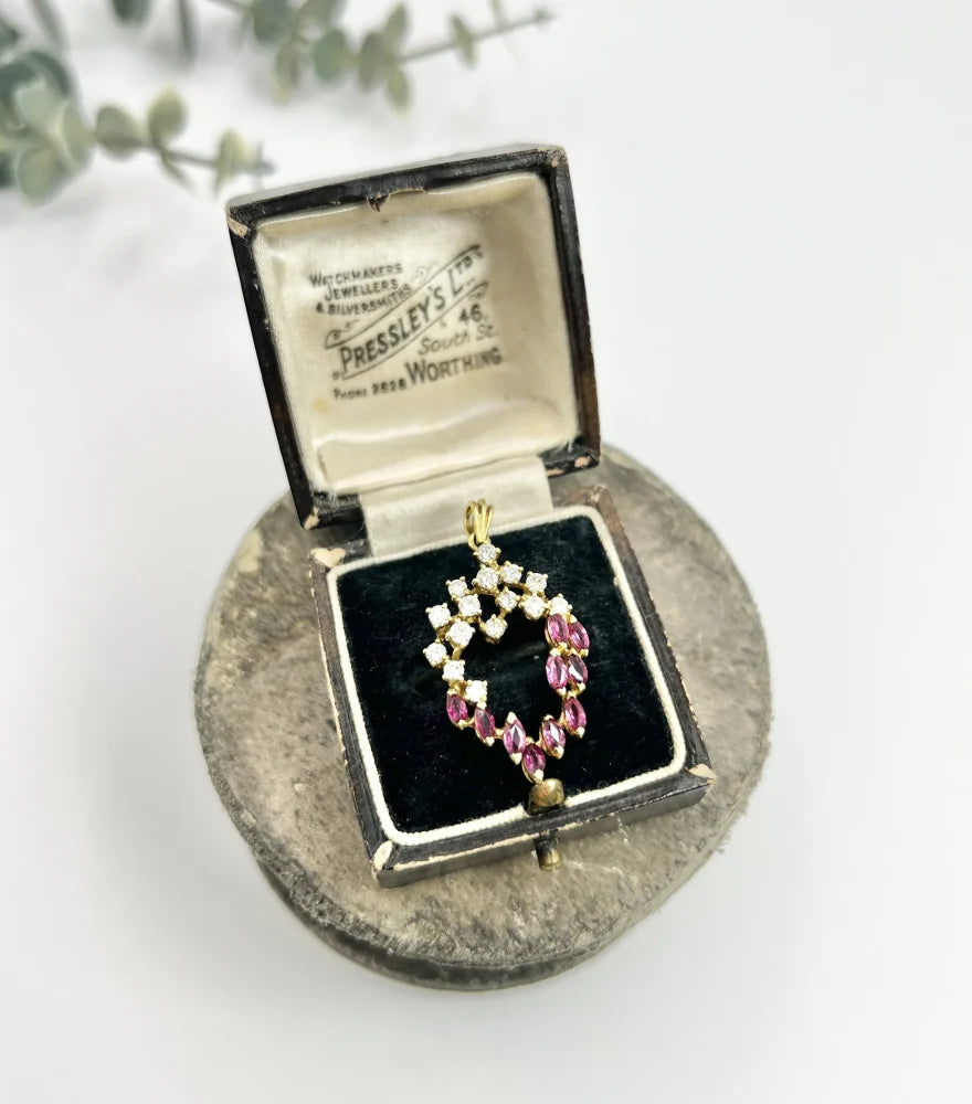 Vintage Ruby And Diamond Heart Pendant And Chain In 18 Carat Yellow Gold