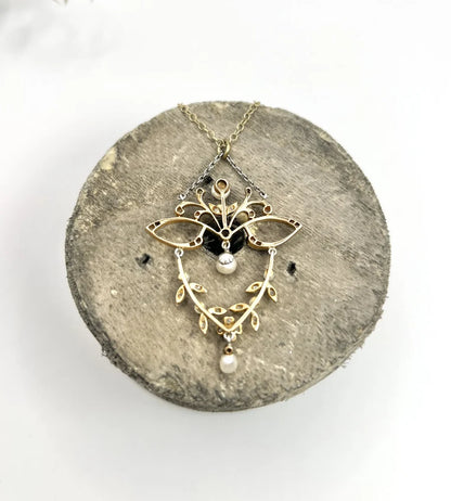 Antique Platinum & 18ct Gold Edwardian Diamond and Pearl Floral Design Necklace