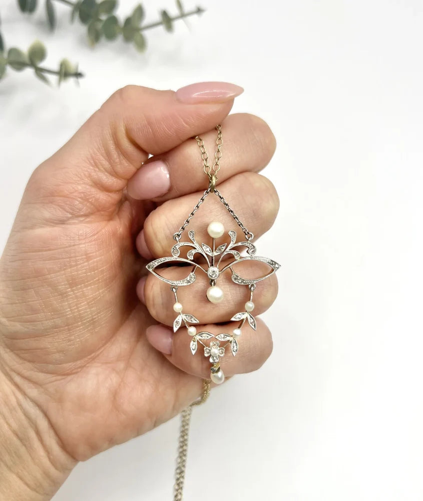 Antique Platinum & 18ct Gold Edwardian Diamond and Pearl Floral Design Necklace