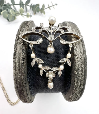 Antique Platinum & 18ct Gold Edwardian Diamond and Pearl Floral Design Necklace