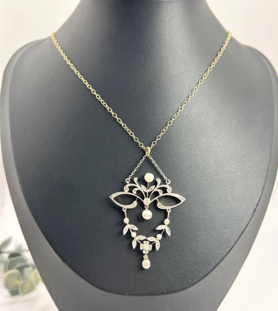Antique Platinum & 18ct Gold Edwardian Diamond and Pearl Floral Design Necklace