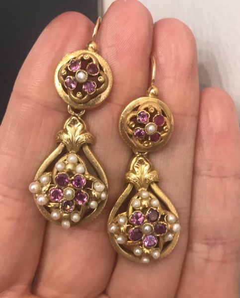 Victorian Pearl, Garnet and Gold Drop Earrings