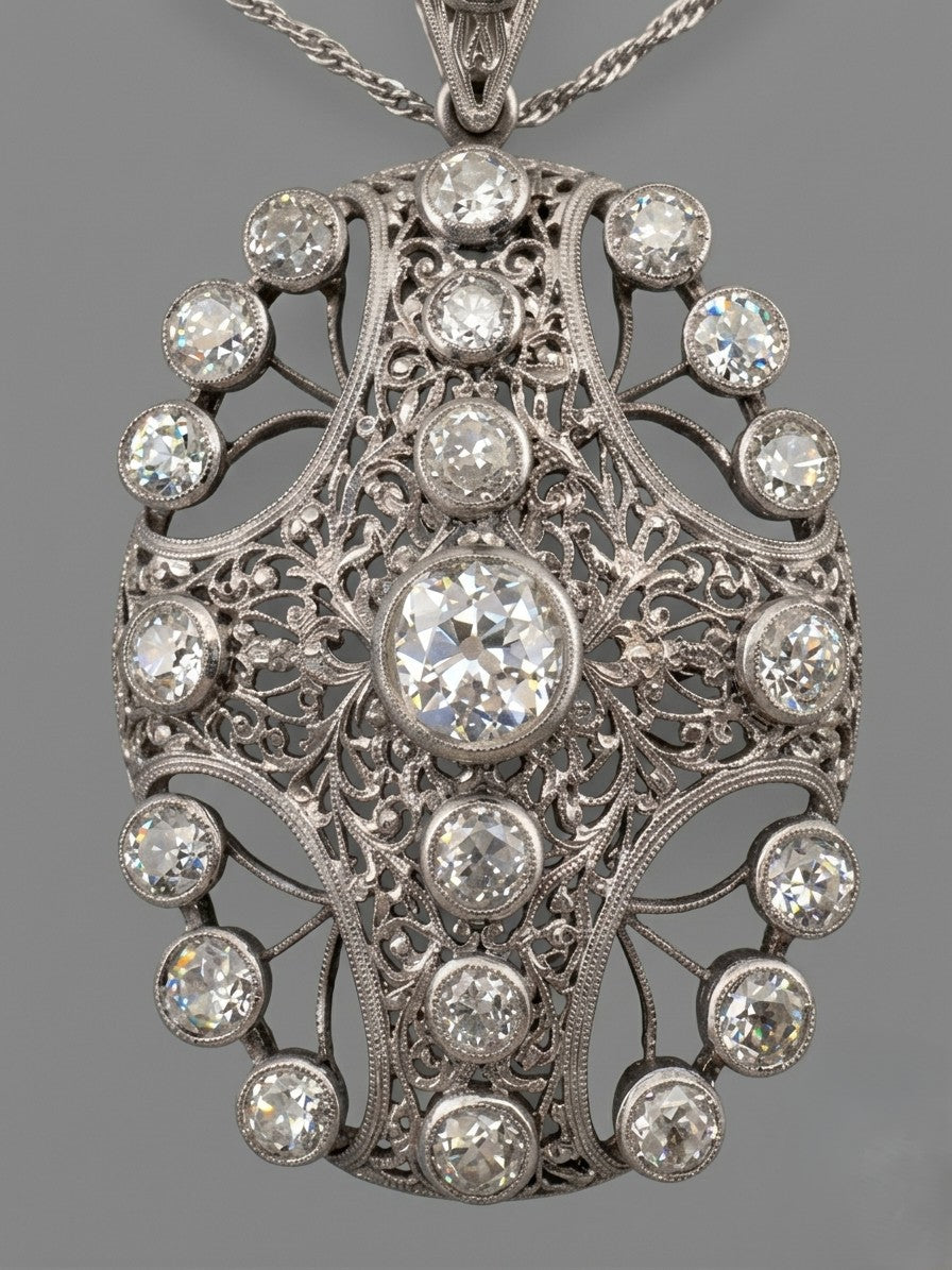 Edwardian Antique 8ct Old Mine Cut Diamond Pendant come Brooch in Platinum