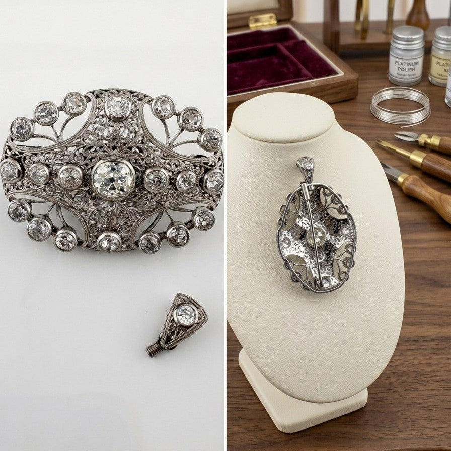 Edwardian Antique 8ct Old Mine Cut Diamond Pendant come Brooch in Platinum
