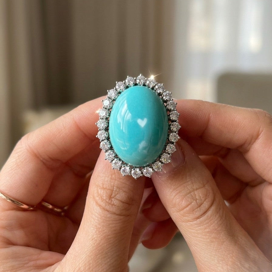 Vintage Natural Persian Turquoise and Diamond Cluster Cocktail Ring