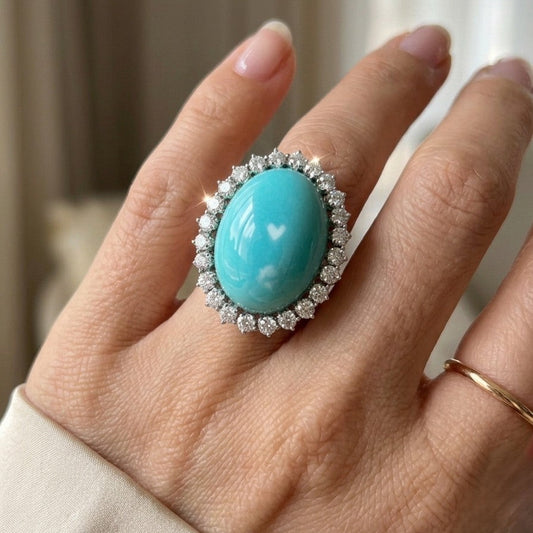 Vintage Natural Persian Turquoise and Diamond Cluster Cocktail Ring