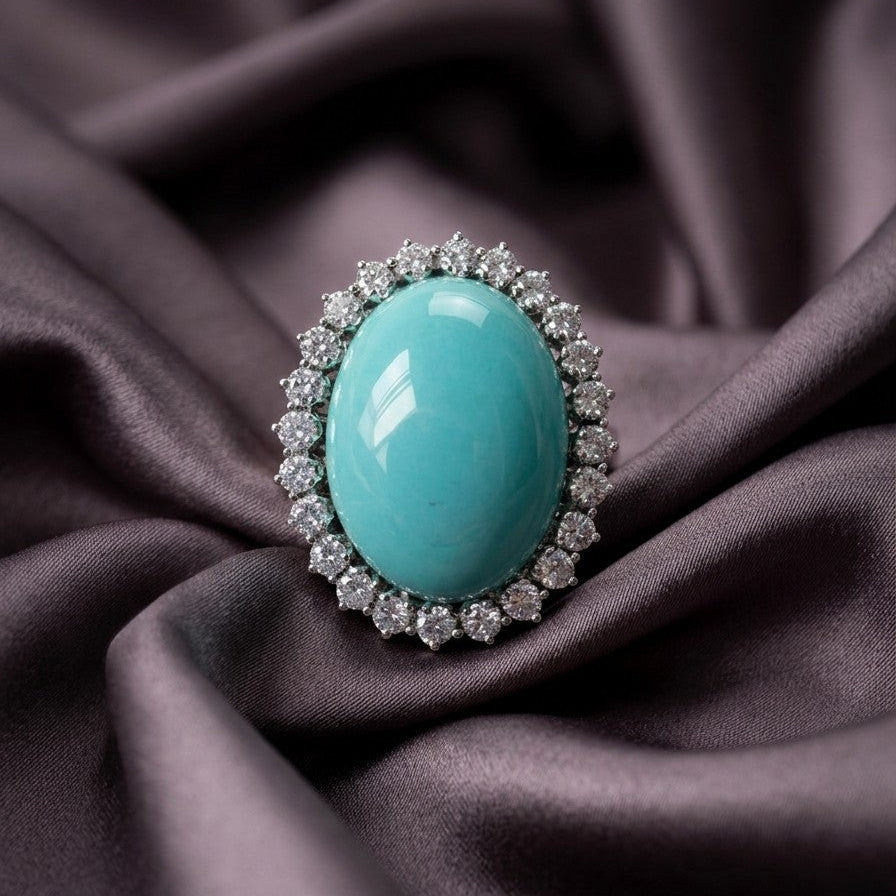 Vintage Natural Persian Turquoise and Diamond Cluster Cocktail Ring