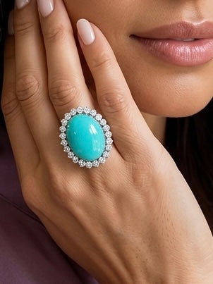 Vintage Natural Persian Turquoise and Diamond Cluster Cocktail Ring