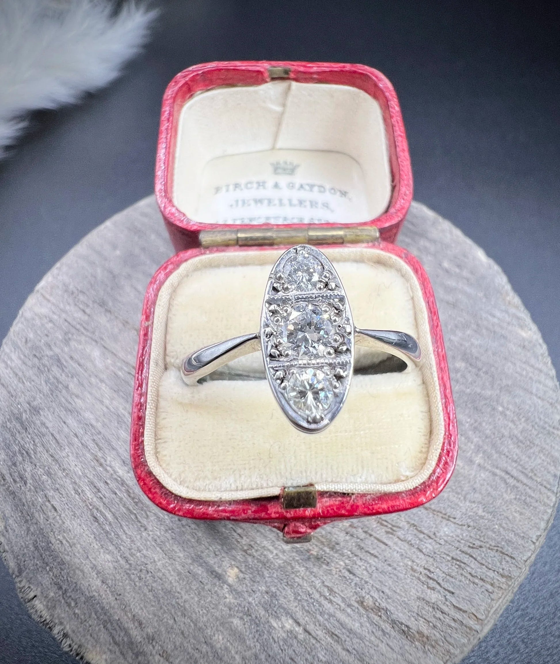 Antique Art Deco Platinum Three Stone Oval Shaped Diamond Ring, Circa 1920