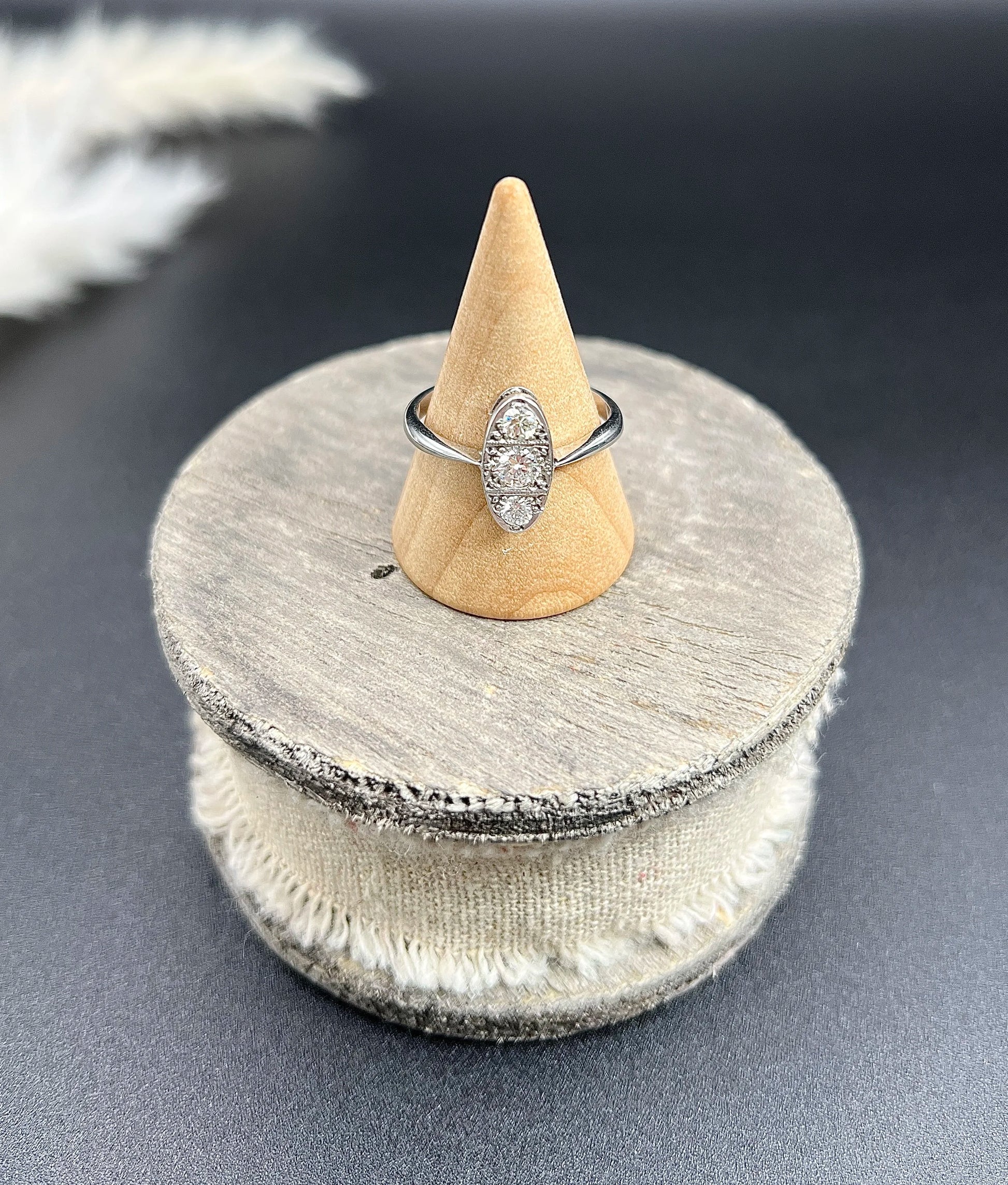 Antique Art Deco Platinum Three Stone Oval Shaped Diamond Ring, Circa 1920