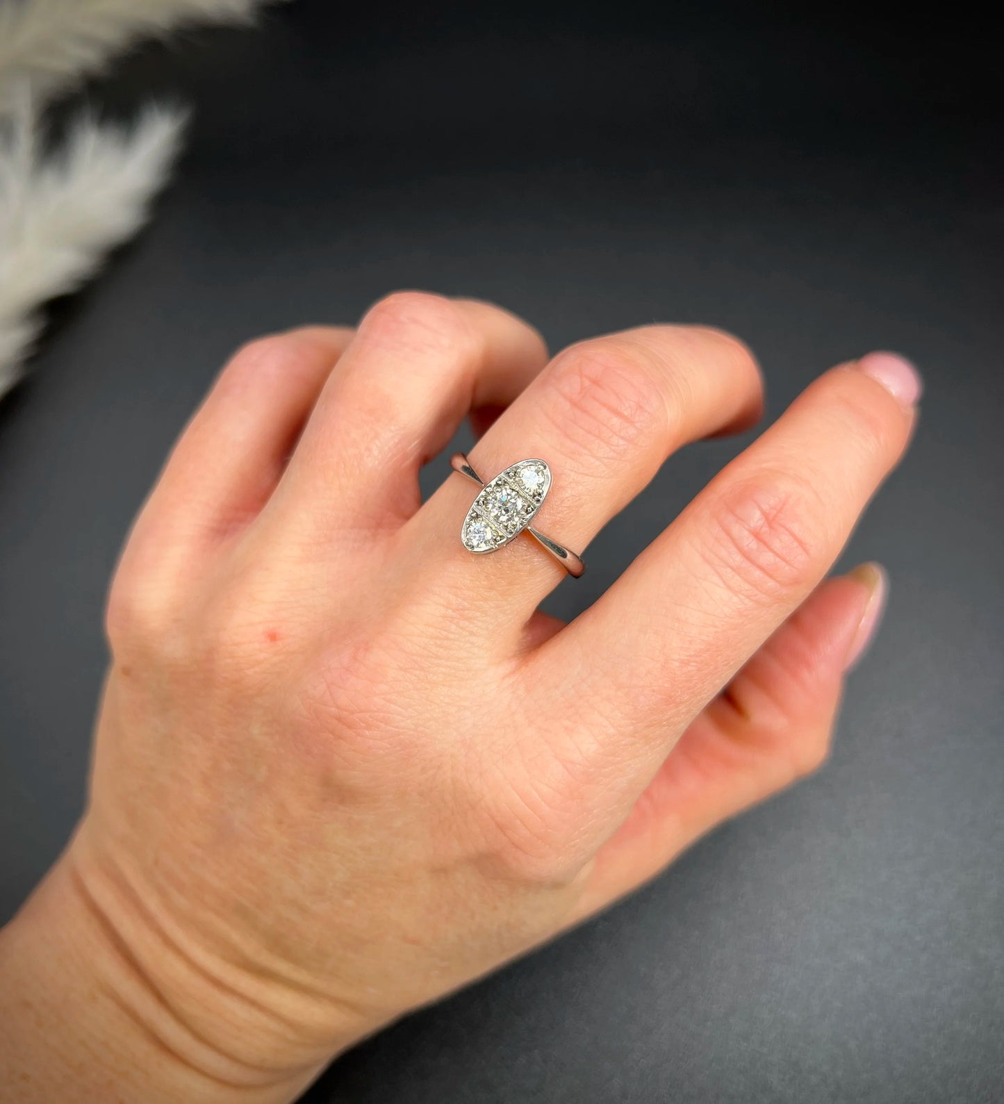 Antique Art Deco Platinum Three Stone Oval Shaped Diamond Ring, Circa 1920