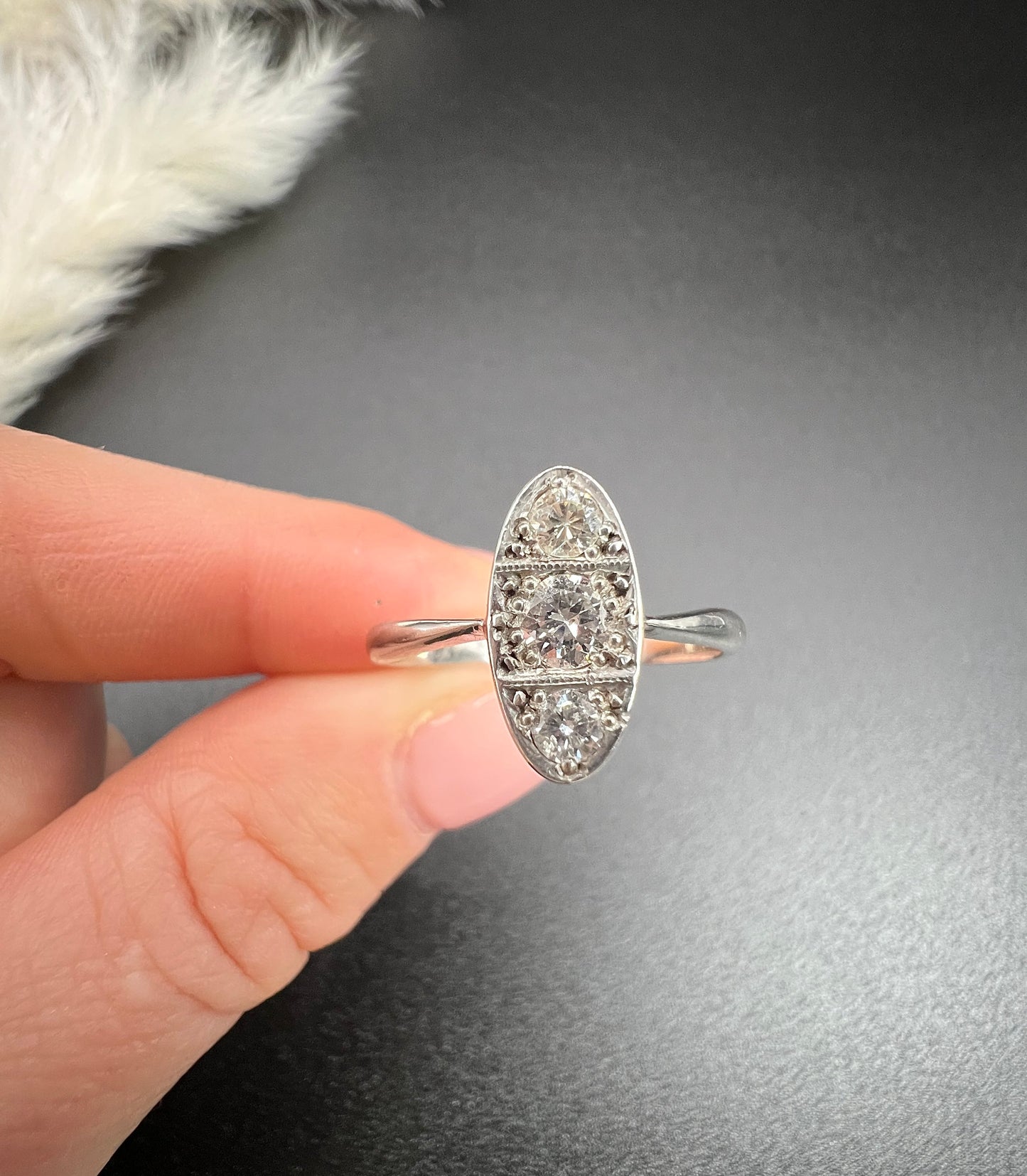 Antique Art Deco Platinum Three Stone Oval Shaped Diamond Ring, Circa 1920