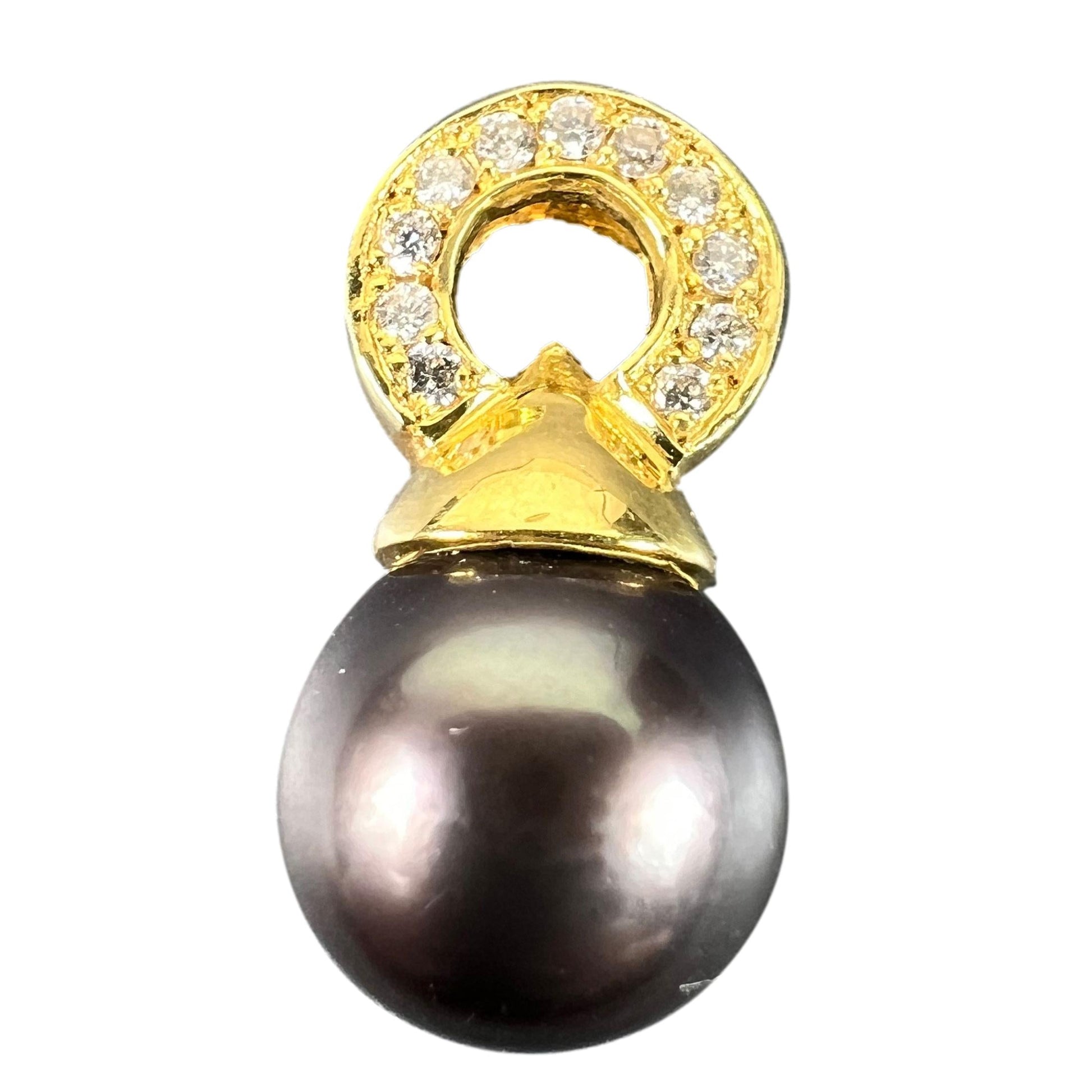 A black pearl pendant with a yellow gold bale set with diamonds, on a white background
