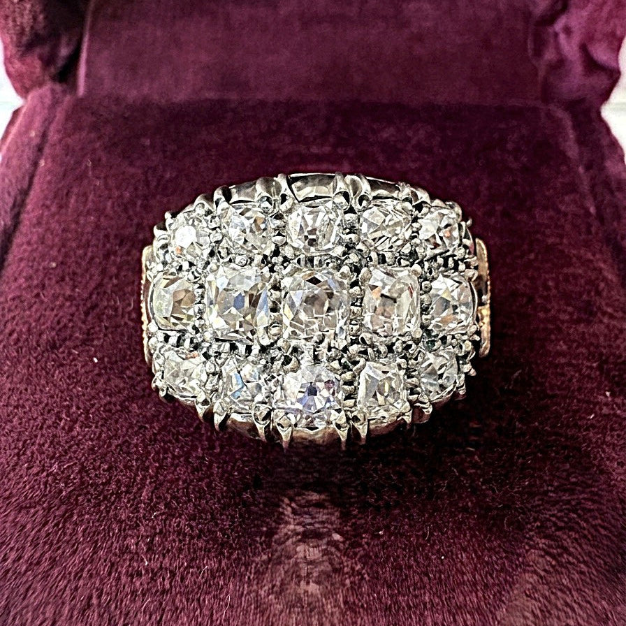 Regency Antique 3ct Old Mine Cut Diamond Three Row Cluster Ring, Circa 1835