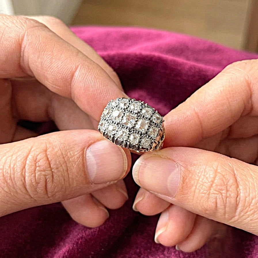 Regency Antique 3ct Old Mine Cut Diamond Three Row Cluster Ring, Circa 1835