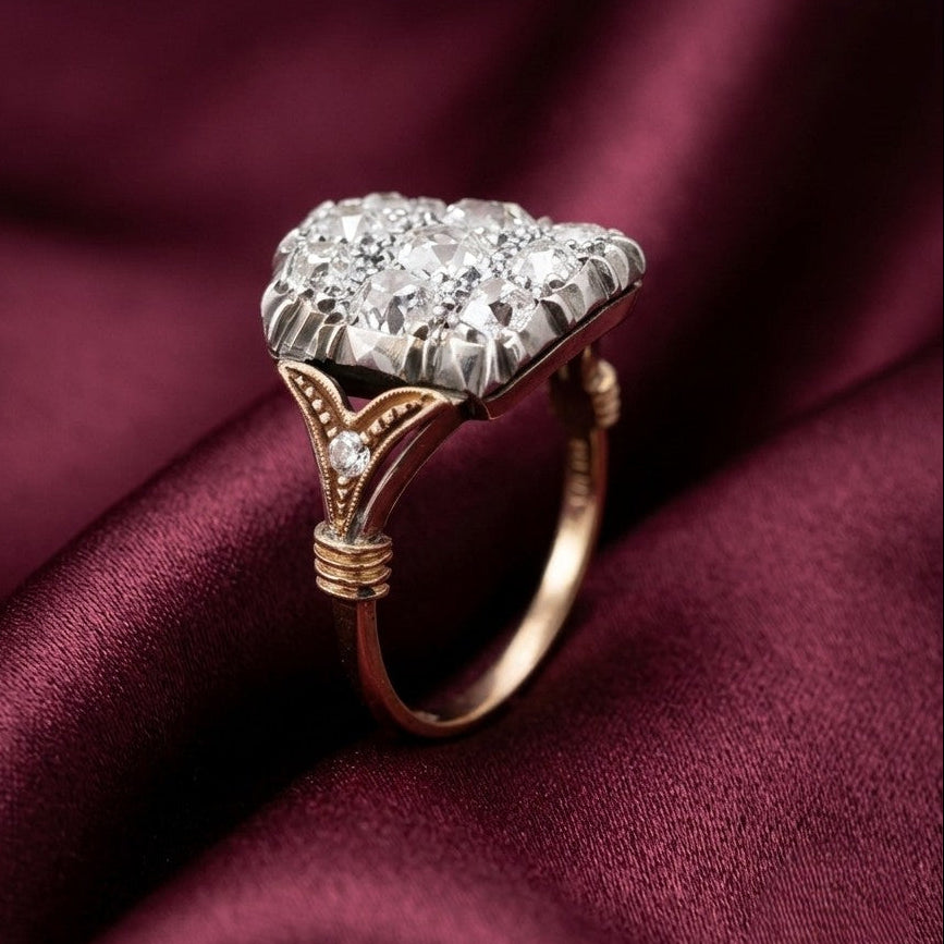 Regency Antique 3ct Old Mine Cut Diamond Three Row Cluster Ring, Circa 1835