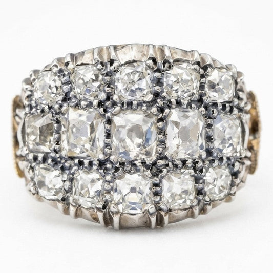 Regency Antique 3ct Old Mine Cut Diamond Three Row Cluster Ring, Circa 1835
