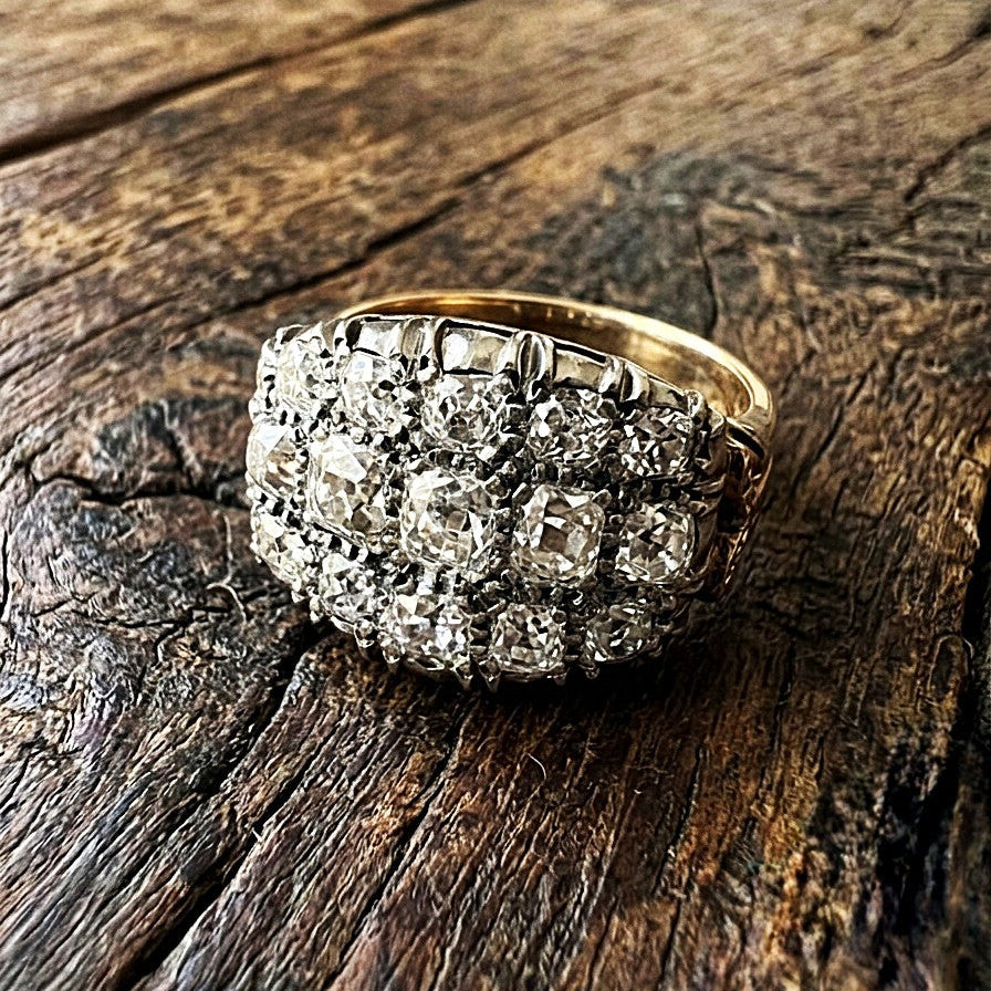 Regency Antique 3ct Old Mine Cut Diamond Three Row Cluster Ring, Circa 1835