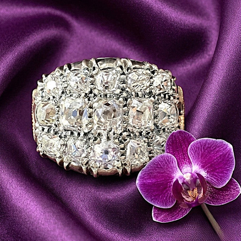 Regency Antique 3ct Old Mine Cut Diamond Three Row Cluster Ring, Circa 1835
