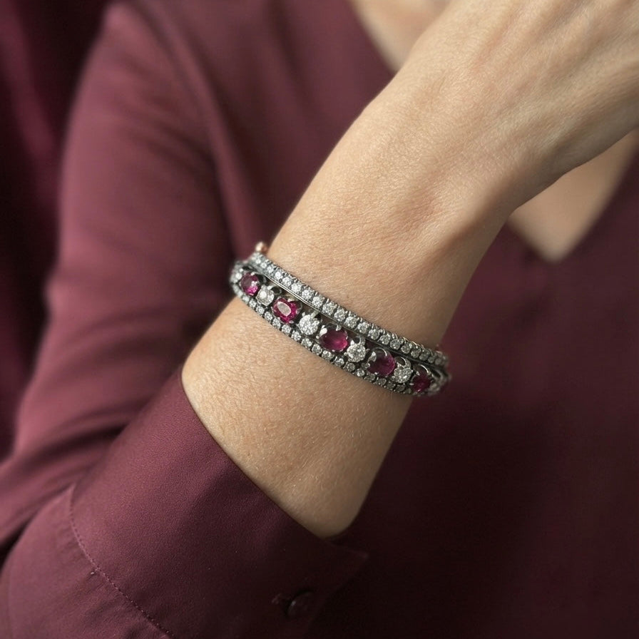 Victorian Antique  3.80ct Ruby and 4.60ct Old Cut Diamond Bangle Bracelet