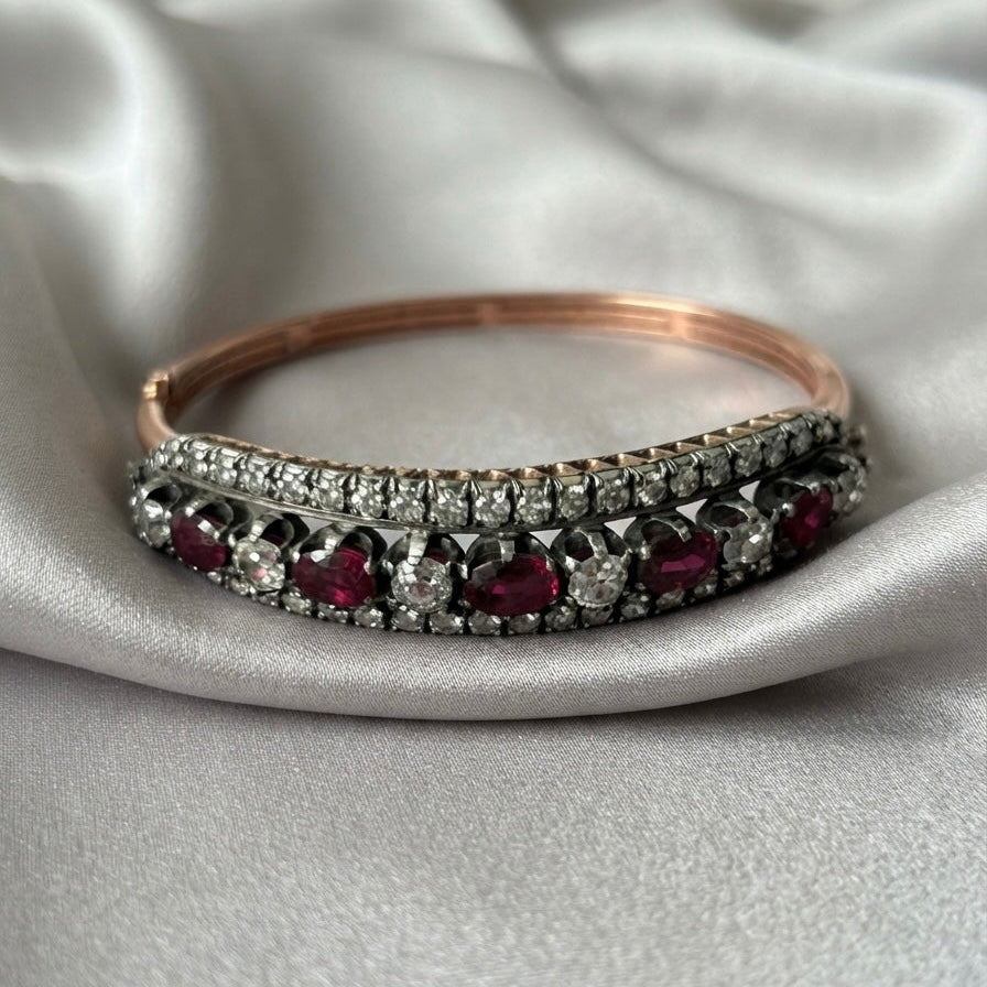 Victorian Antique  3.80ct Ruby and 4.60ct Old Cut Diamond Bangle Bracelet