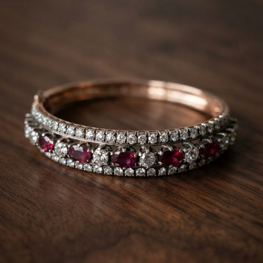 Victorian Antique  3.80ct Ruby and 4.60ct Old Cut Diamond Bangle Bracelet