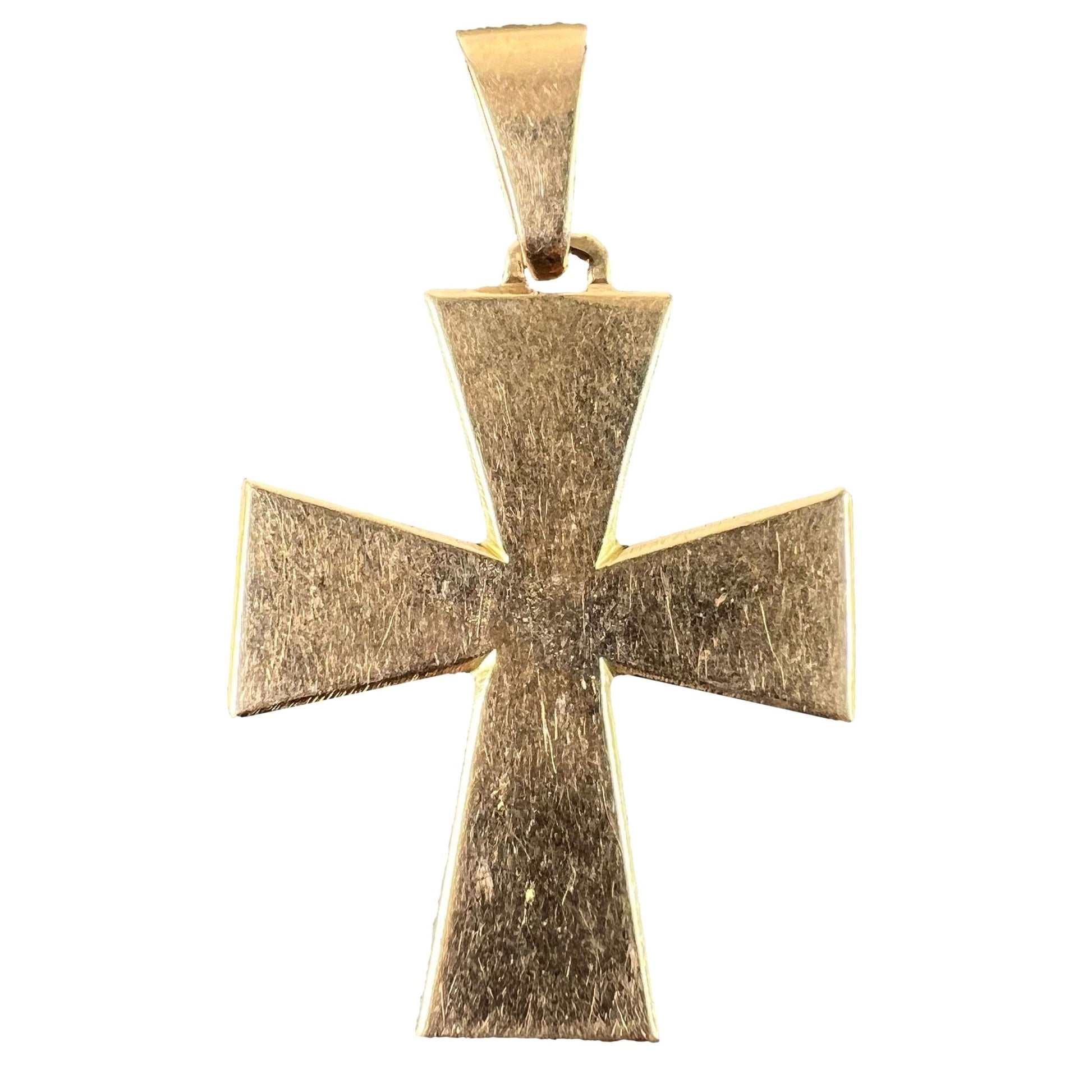A plain gold cross pendant, on a white background