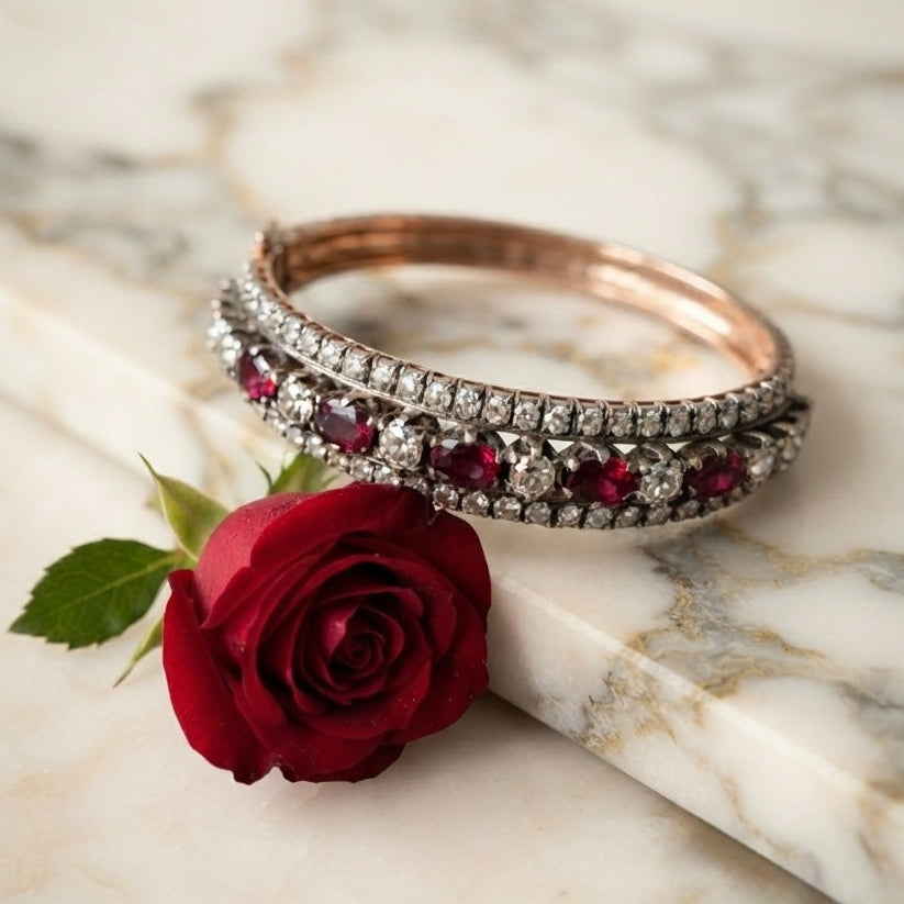 Victorian Antique  3.80ct Ruby and 4.60ct Old Cut Diamond Bangle Bracelet