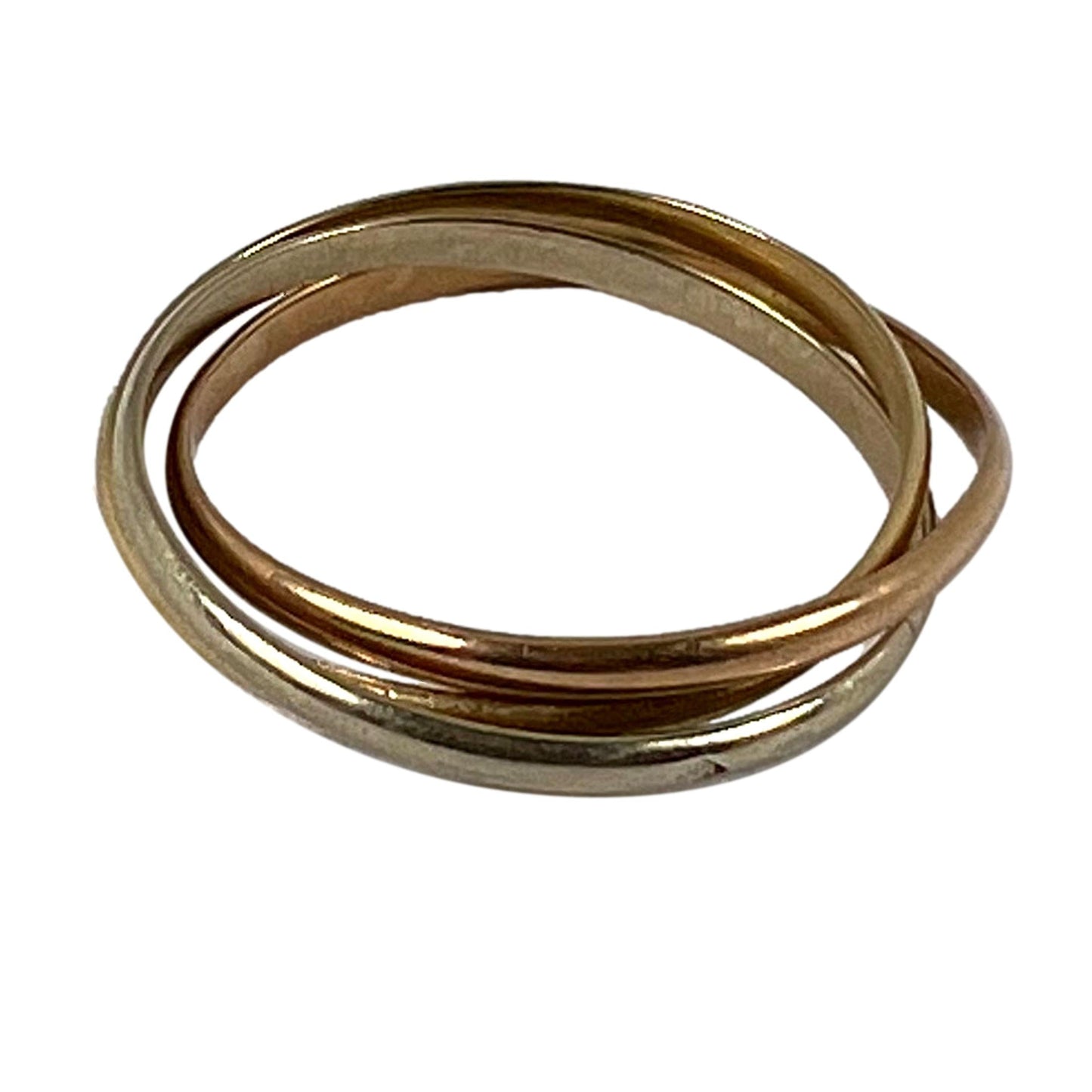 A tri-colour gold Russian wedding ring, on a white background
