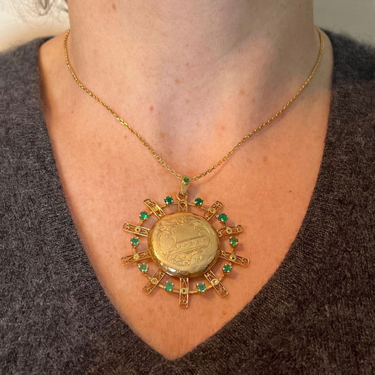 Antique French Sunburst Love Floral 18 Karat Yellow Gold Emerald Locket Pendant