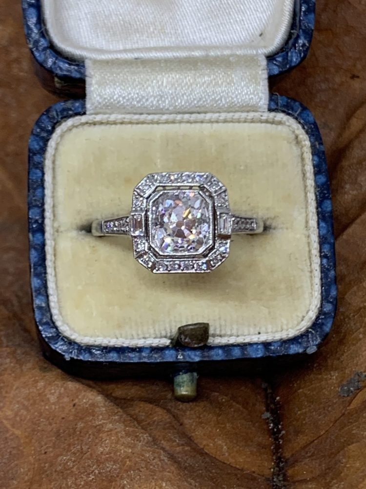 Art Deco Cushion Cut Diamond Engagement Ring, Platinum